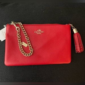 COACH New w/Tag Red Pebbled Leather Large Wristlet with Tassel and Gold Chain